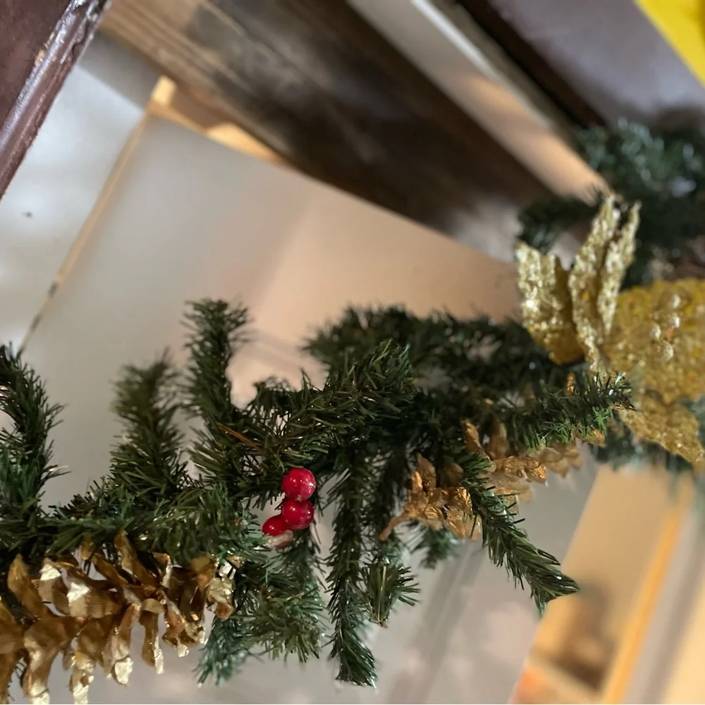 9 foot gold and silver faux evergreen garland, pine cones, berries